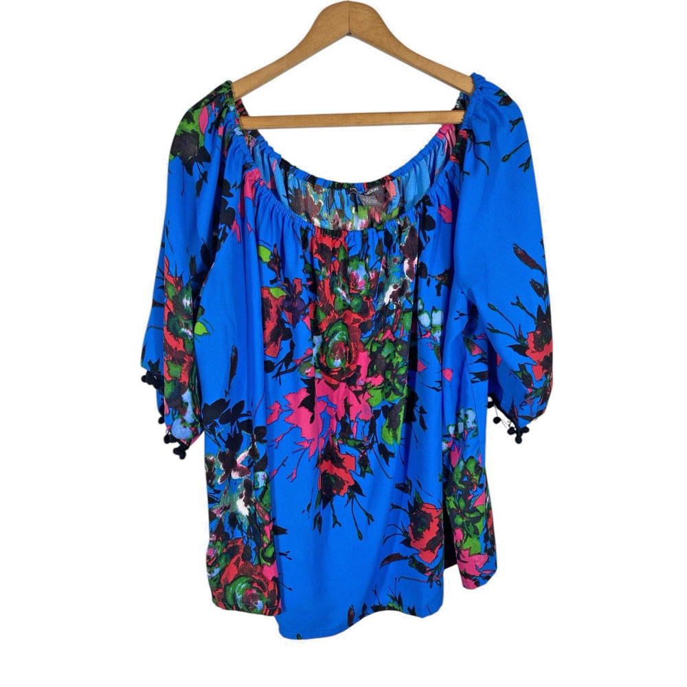 Chelsea & Theodore Tunic Top Size 2X Bright Blue Floral Peasant Romantic Boho